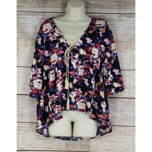 Umgee Womens Size Small Medium Floral 3/4 Sleeve Babydoll Top Shirt Black Multi